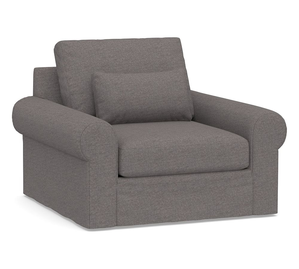 Big Sur Roll Arm Slipcovered Deep Seat Swivel Armchair, Down Blend Wrapped Cushions, Brushed Crossweave Charcoal - Image 0