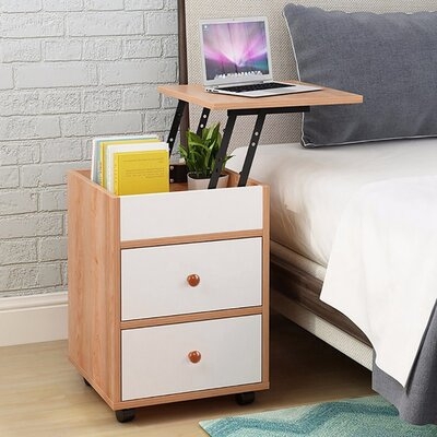 Bedside Lifting Table Movable Nightstand, Large Capacity Casters Wheels Drawer Bedroom Reading Laptop Table Night Stand Yellow - Image 0