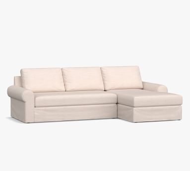 Big Sur Roll Arm Slipcovered Right Arm Grand Sofa with Chaise Sectional, Down Blend Wrapped Cushions, Performance Brushed Basketweave Oatmeal - Image 3