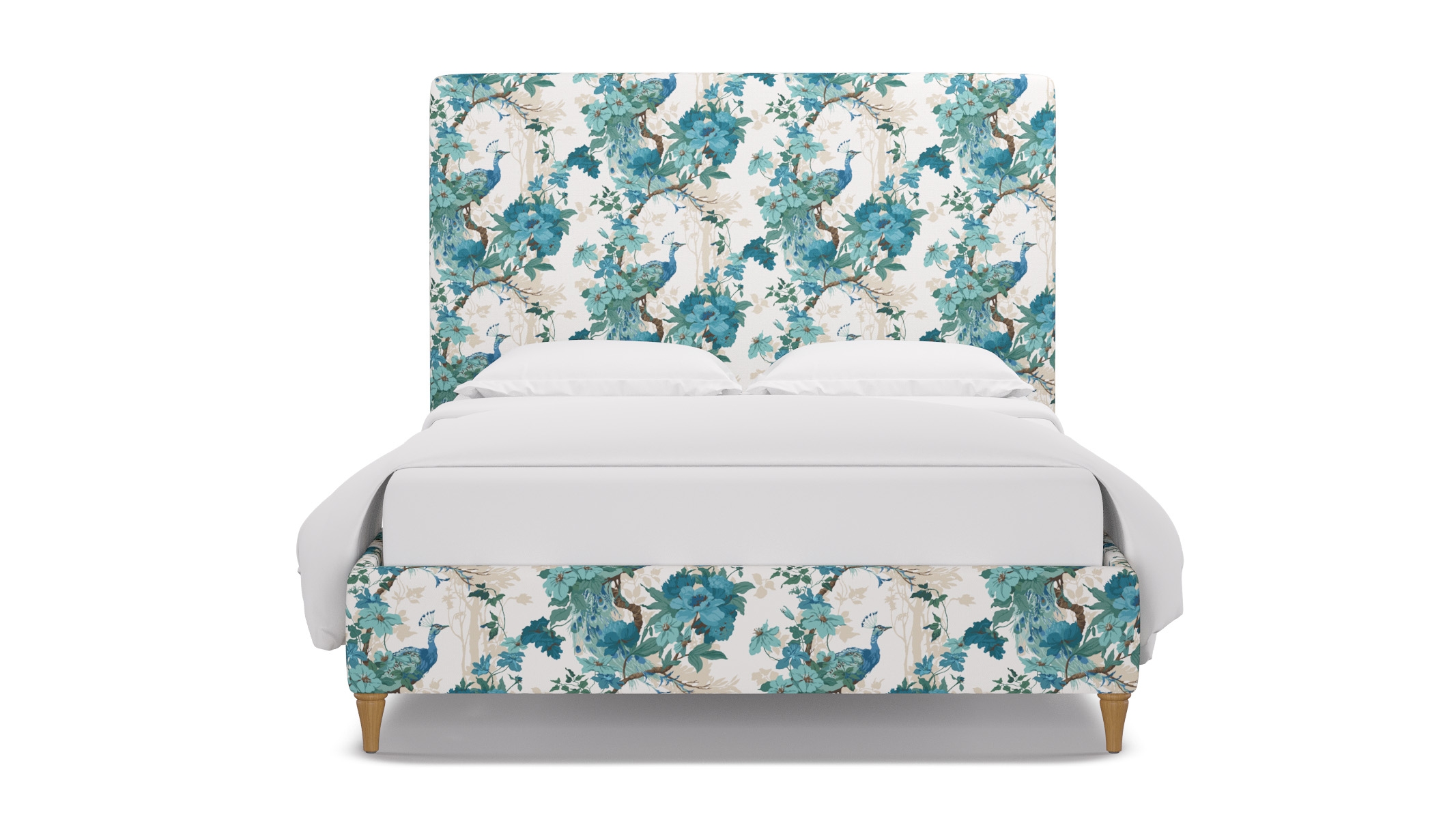 Classic Bed, Turquoise Peacock Park, Natural Decorative Tapered Leg, Queen - Image 0