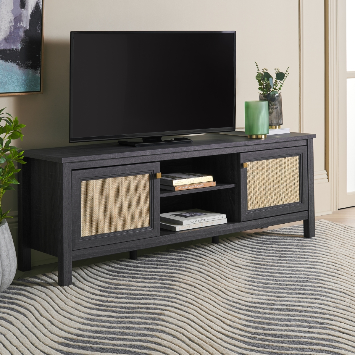 Evane 2 Door Media Stand - Distressed Black / Natural - Safavieh - Image 1