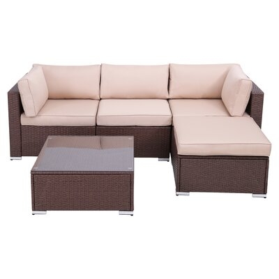 Outdoor 5 Piece Furniture Set Patio Sectional Rattan Sofa Sets, All Weather PE Wicker Couch Conversation Set With Coffee Table, Brown Wicker Beige Cushions - Image 0