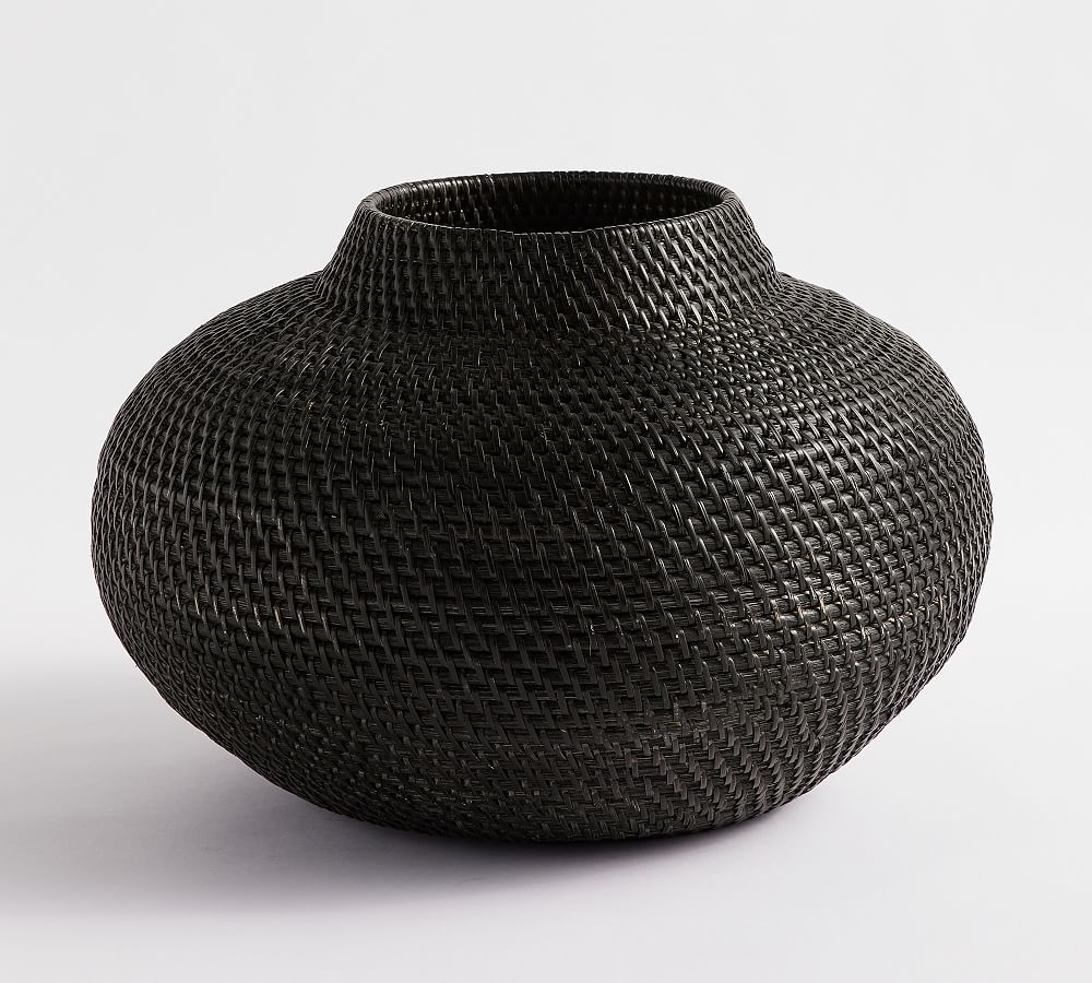 Woven Rattan Vases, Short Round, Black - Image 0