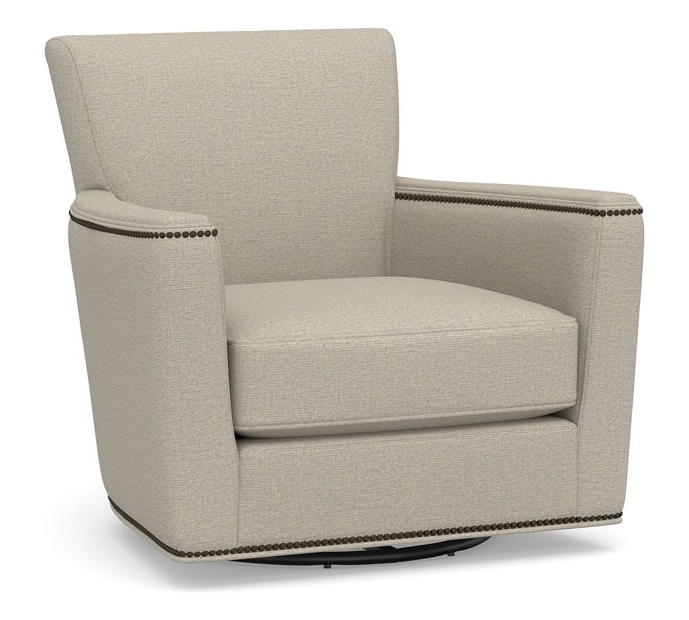 Irving Square Arm Upholstered Swivel Armchair with Bronze Nailheads, Polyester Wrapped Cushions, Performance Boucle Fog - Image 0