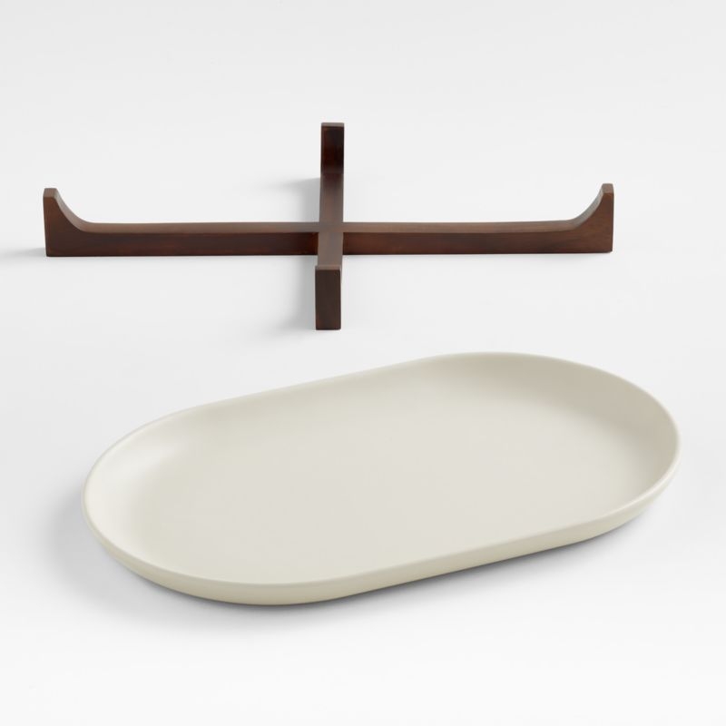 Oven-to-Table Oval Platter with Dark Wood Trivet - Image 2
