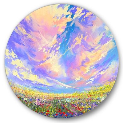 Colorful Flowers In Field Under Gorgeous Clouds - Traditional Metal Circle Wall Art - Image 0