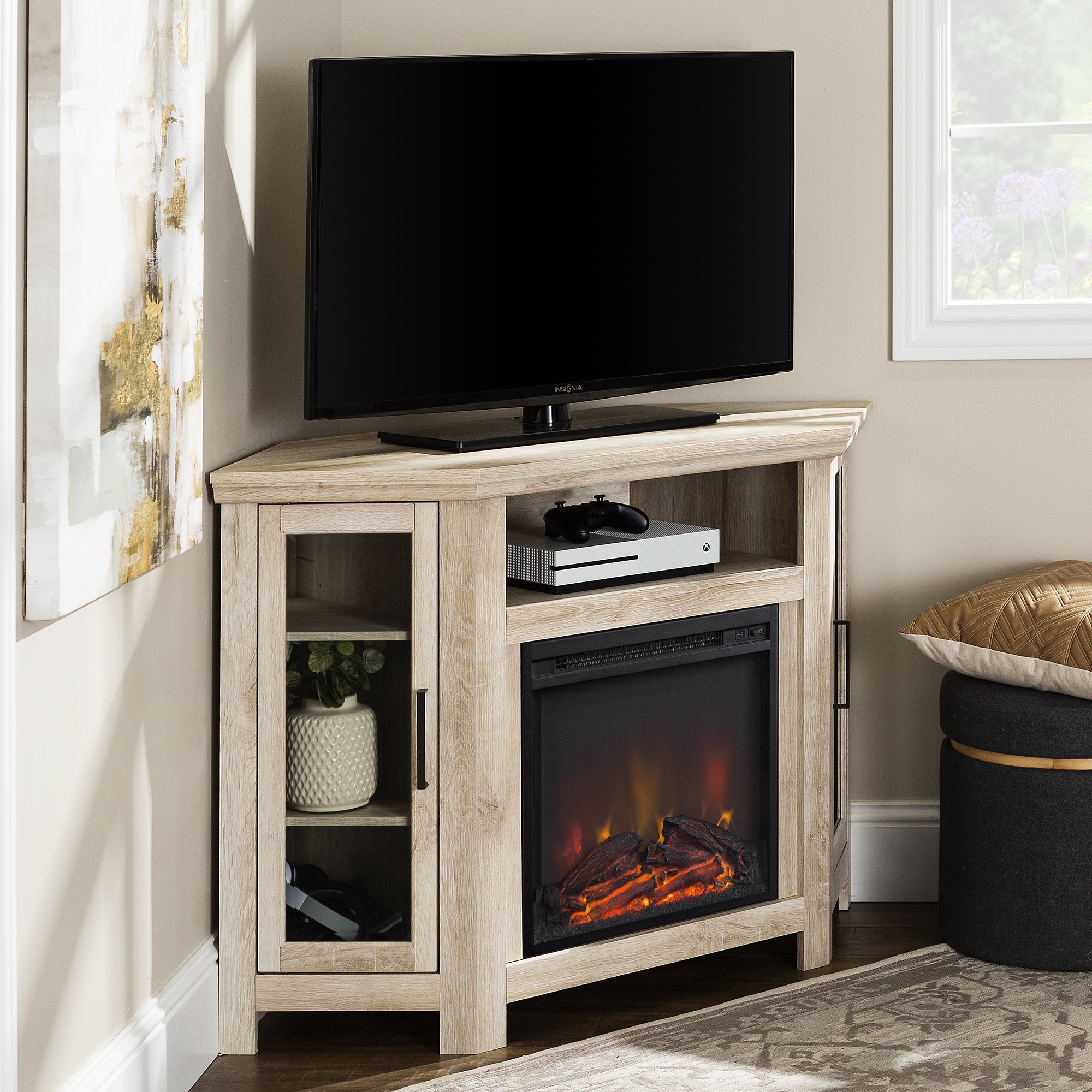 48" Wood Corner Fireplace TV Stand - White Oak - Image 1