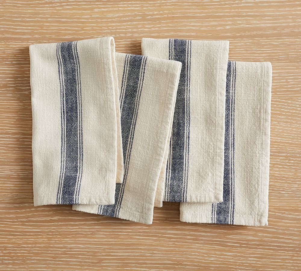 French Striped Organic Cotton Napkins, Set of 4 - Blue/Flax - Image 0