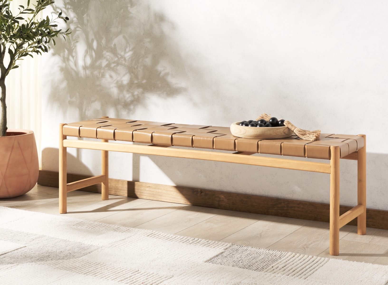 Devnie Woven Leather Bench - Brown/Natural - Image 1