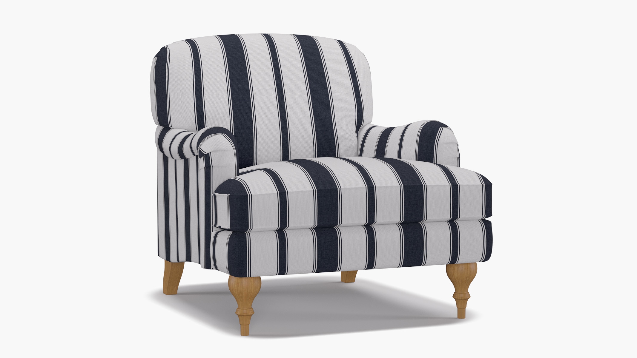 English Roll Arm Chair, Navy Clarence Stripe, Natural Turned Wood Leg - Image 1