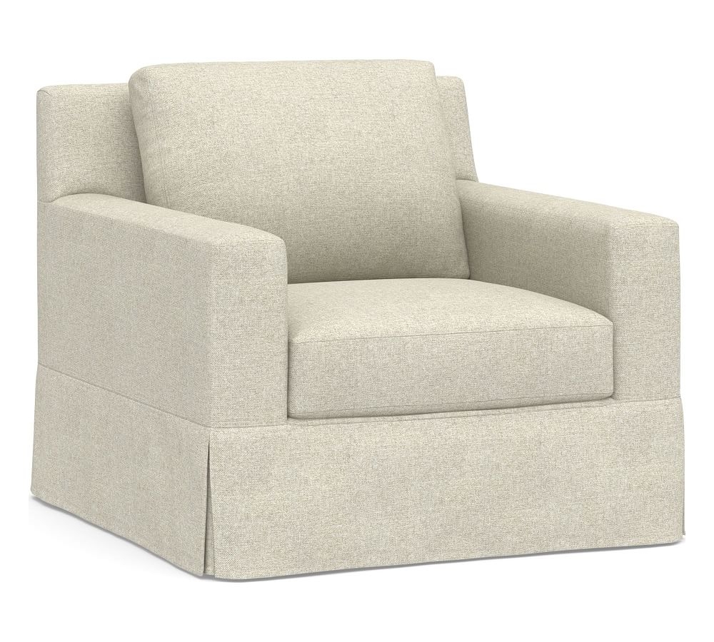 York Square Arm Slipcovered Armchair, Down Blend Wrapped Cushions, Performance Heathered Basketweave Alabaster White - Image 0