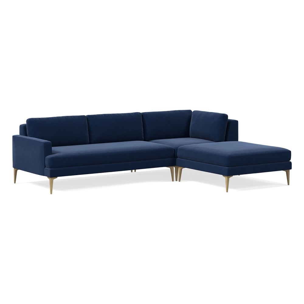 Andes 105" Right Multi Seat 3-Piece Ottoman Sectional, Standard Depth, Performance Velvet, Ink Blue, Brass - Image 0