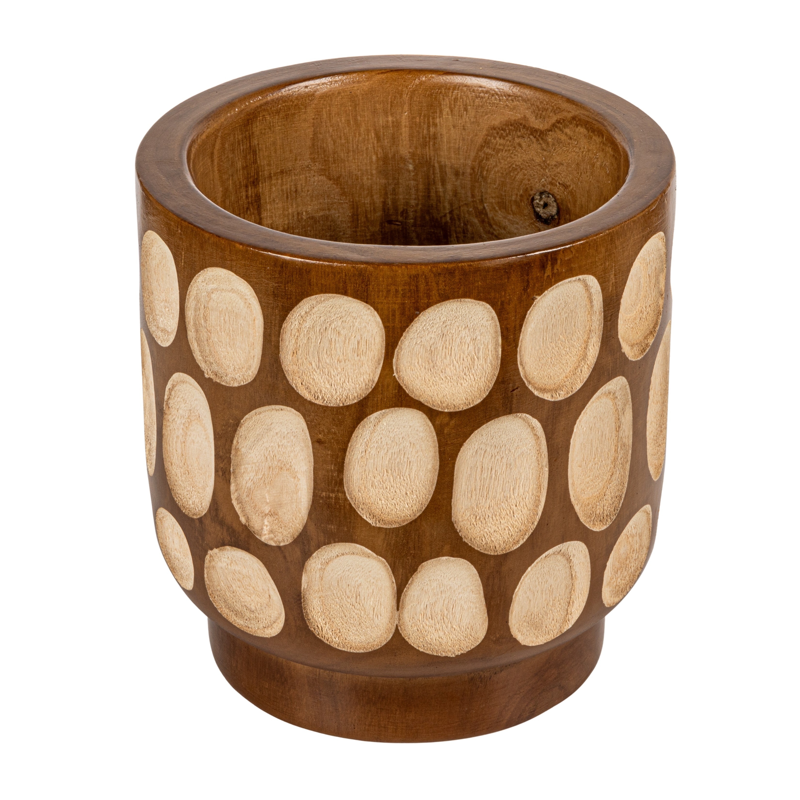 Hand-Carved Wood Planter with Dots, Walnut - Image 0