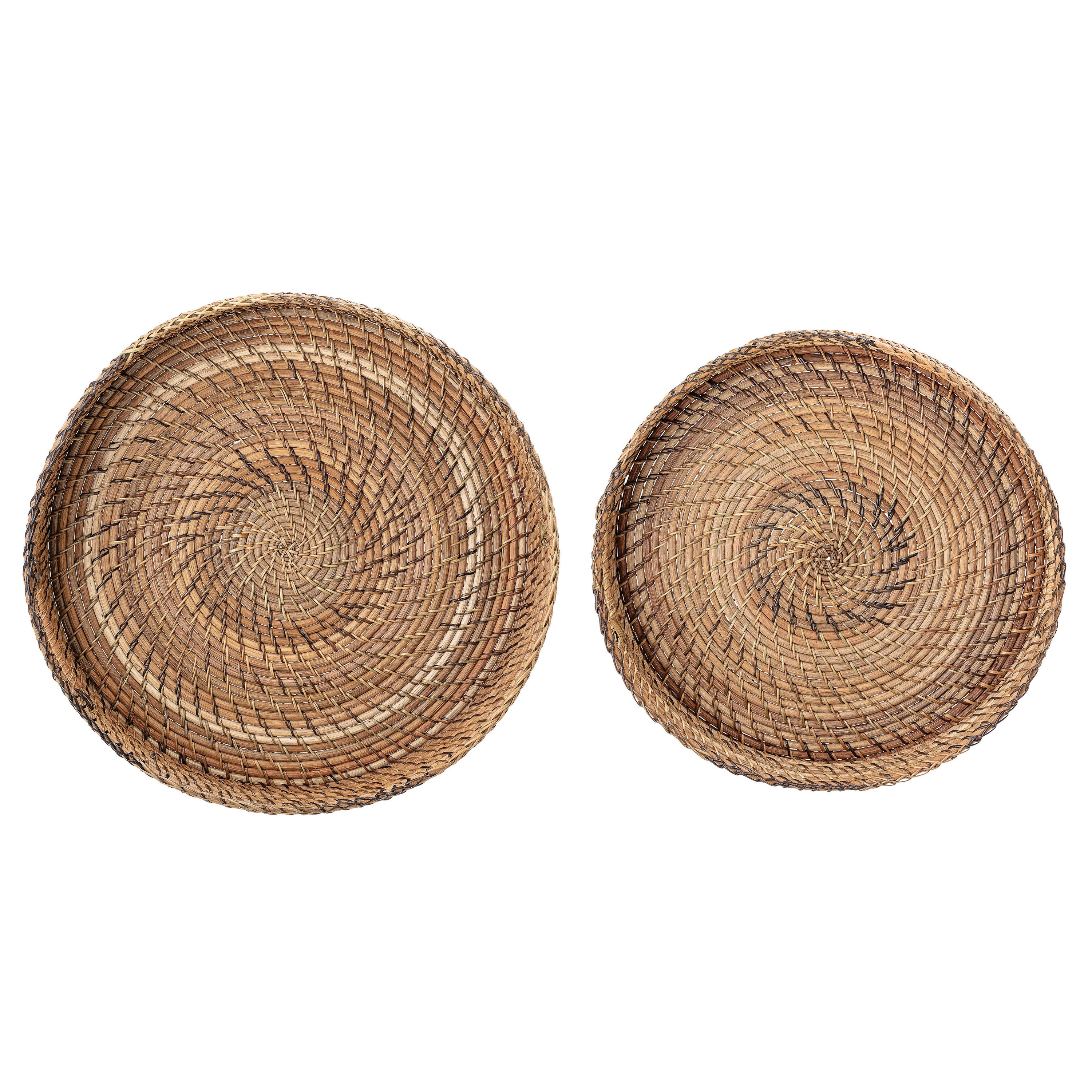 Round Rattan Trays with Black & Brown Stitching & Handles (Set of 2 Pieces) - Image 0