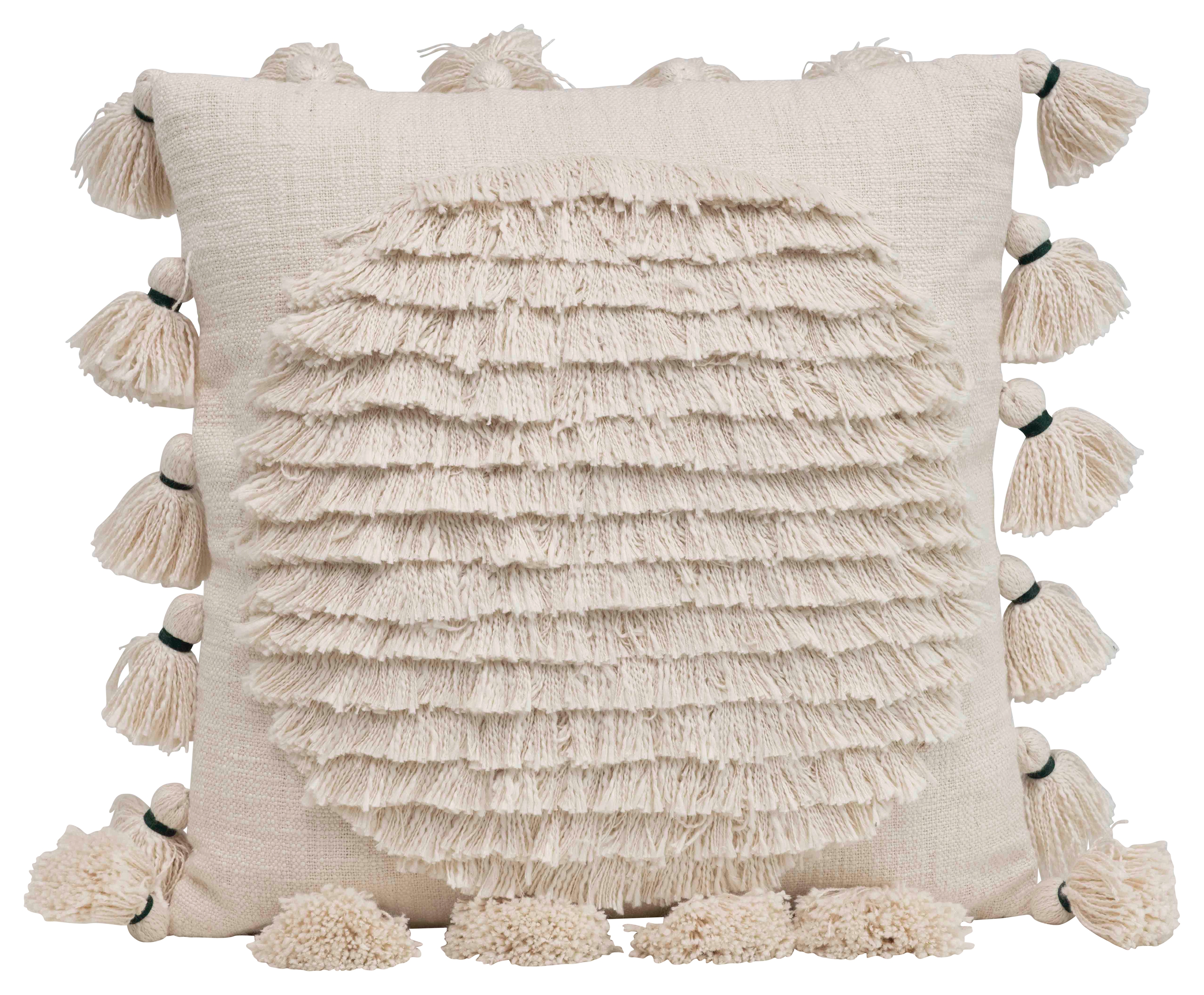 Square Cotton Embroidered Pillow with Fringed Circle Design and Tassel Trim - Image 0