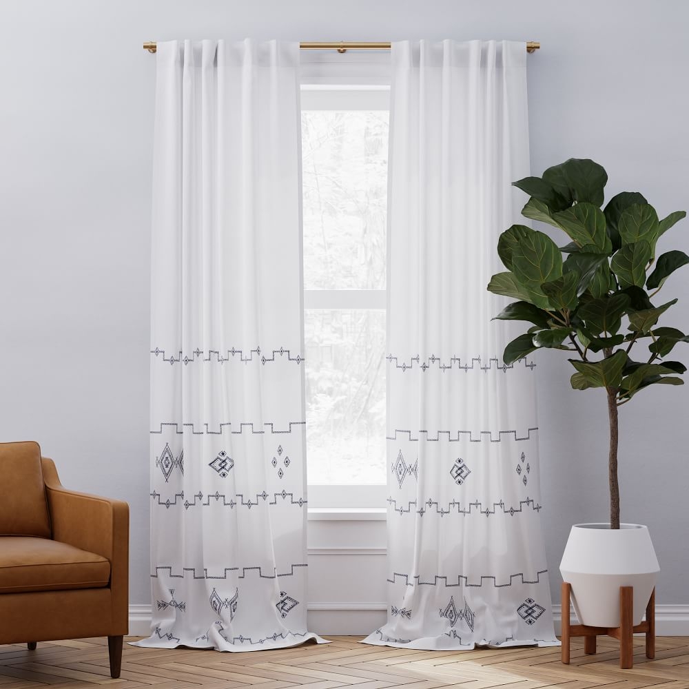 European Flax Linen Ladder Stripe Curtain, White/Midnight, 48"x84" - Image 0