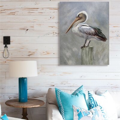 Pelican Resting On Wooden Pillar Soft Grey - Image 0