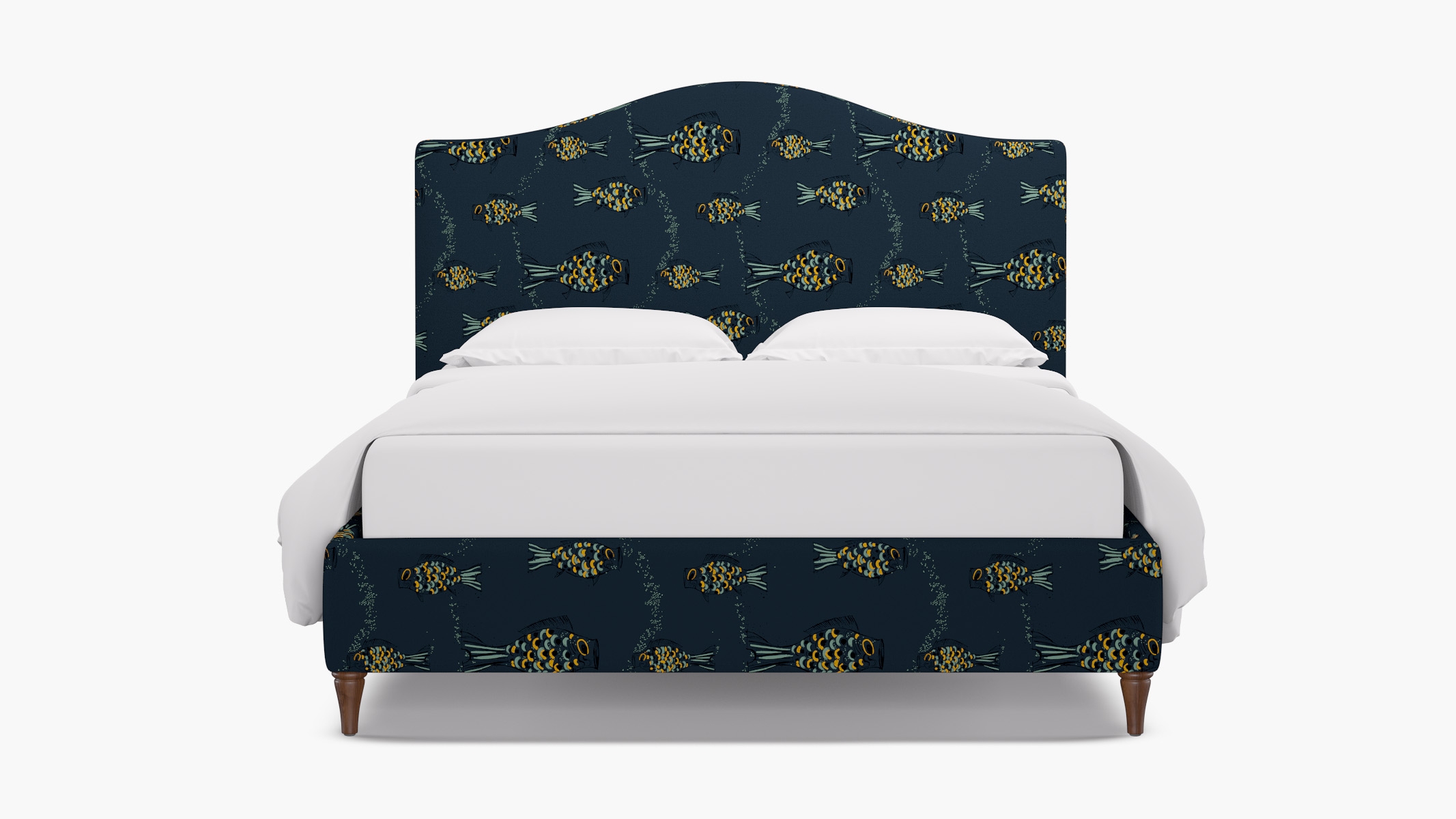 Camelback Bed, Indigo Sakana, Walnut Decorative Tapered Leg, Twin - Image 0