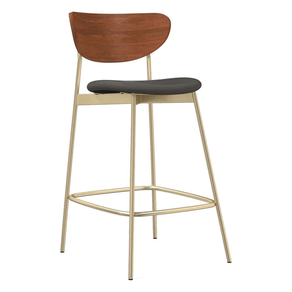 Modern Petal Wood Upholstered Counter Stool, Vegan Leather, Cinder, Light Bronze - Image 0