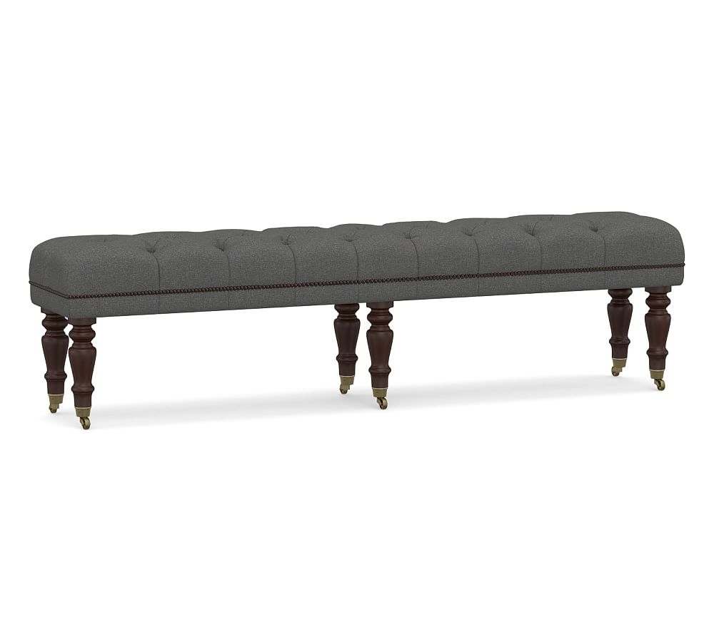 Raleigh Upholstered Tufted King Bench with Mahogany Legs & Bronze Nailheads, Park Weave Charcoal - Image 0