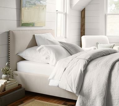 Raleigh Upholstered Square Bed with Low Headboard &amp; without Nailheads, Queen, Textured Twill Light Gray - Image 5