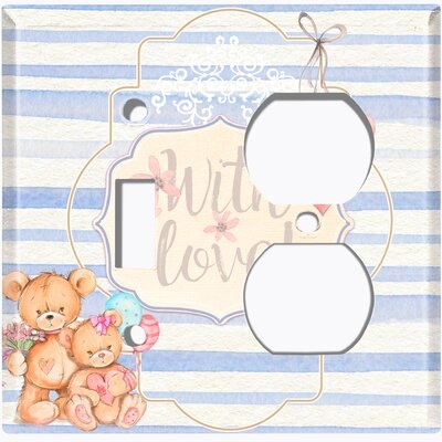 Metal Light Switch Plate Outlet Cover (Teddy Bears With Love Blue White Stripes - (L) Single Toggle / (R) Single Outlet) - Image 0