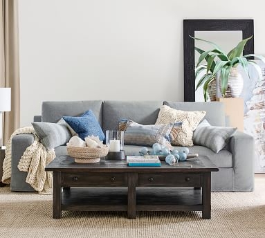 Big Sur Square Arm Slipcovered Grand Sofa 105" with Bench Cushion, Down Blend Wrapped Cushions, Park Weave Oatmeal - Image 6