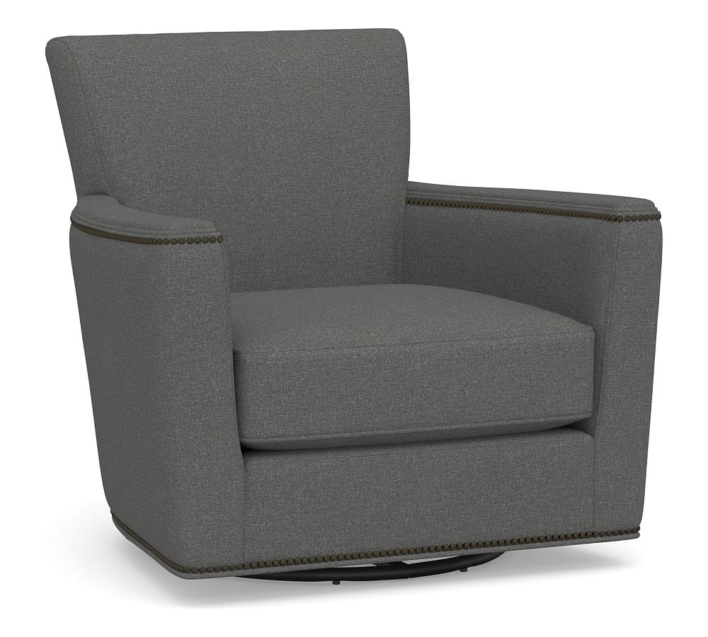 Irving Square Arm Upholstered Swivel Armchair with Bronze Nailheads, Polyester Wrapped Cushions, Park Weave Charcoal - Image 0