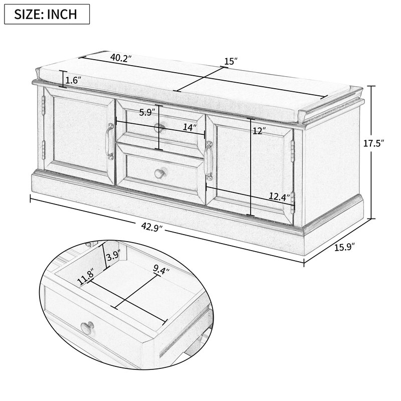 Storage Bench Wooden Storage Bench, 2 Drawers & 2 Cabinets - Image 8