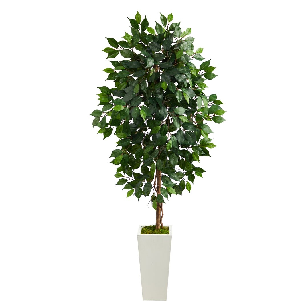 Nearly Natural 4Ft. Ficus Artificial Tree In White Tower Planter - Image 0