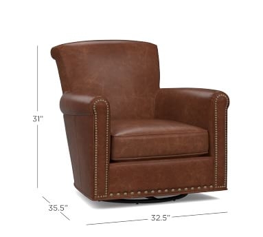 Irving Roll Arm Leather Swivel Glider, Bronze Nailheads, Polyester Wrapped Cushions Churchfield Camel - Image 2