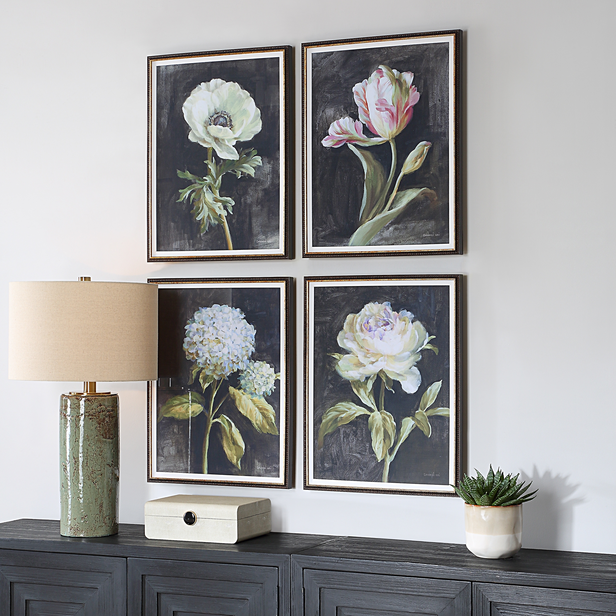 Florals On Black Framed Prints Set/4 - Image 2