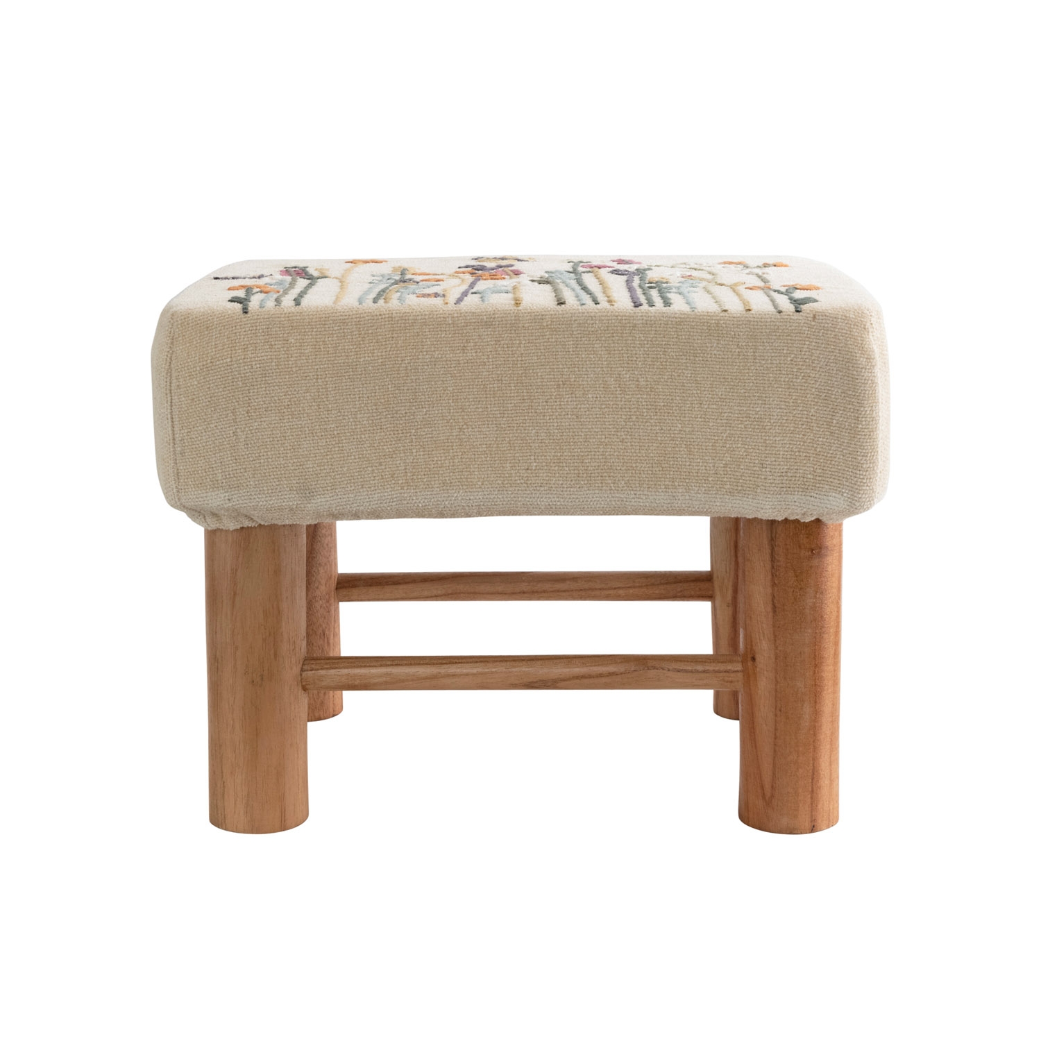 Cotton Upholstered Stool with Floral Embroidery and Pine Wood Legs, Natural - Image 0