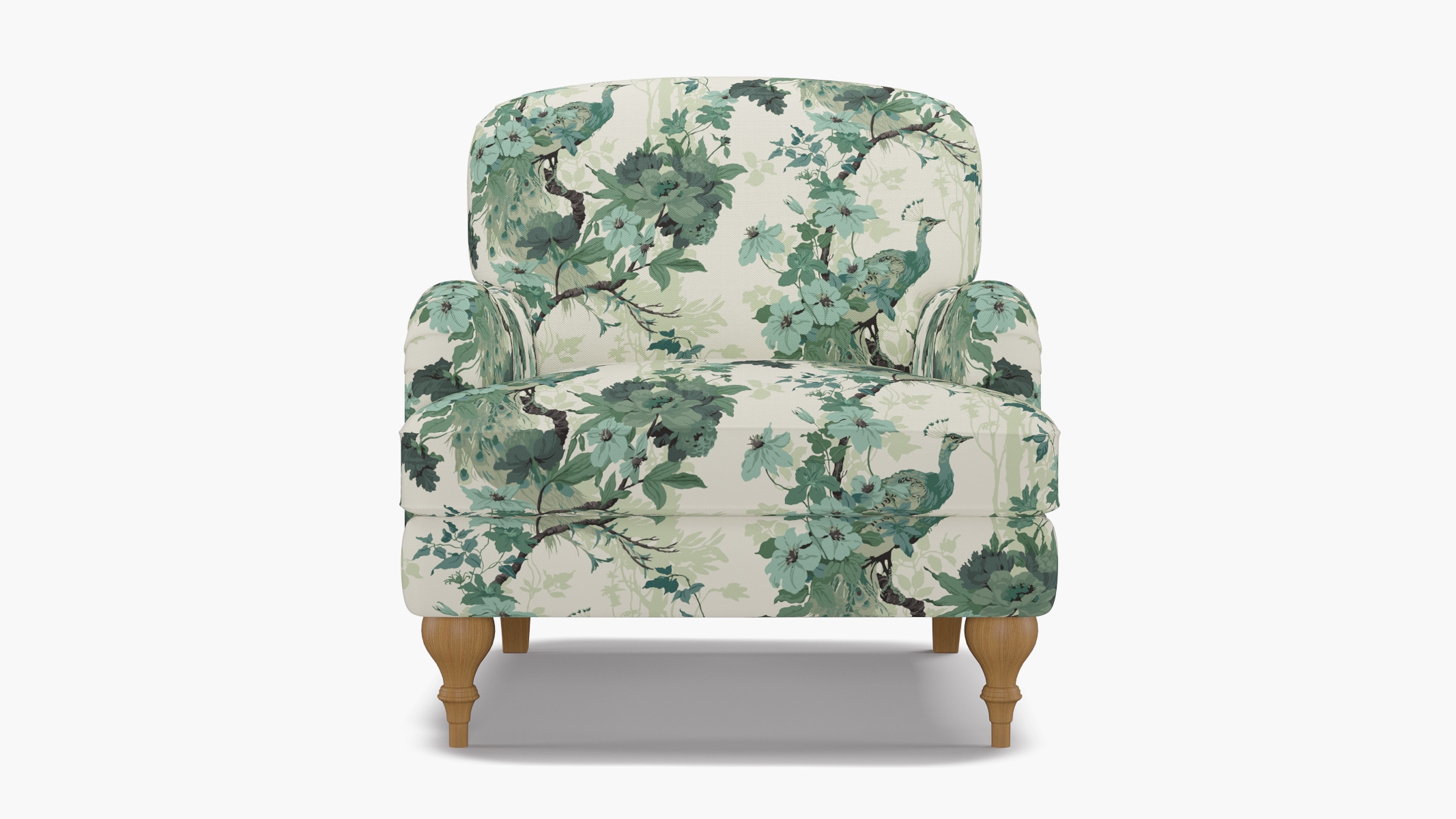 English Roll Arm Chair, Jade Peacock Park, Natural Turned Wood Leg - Image 0