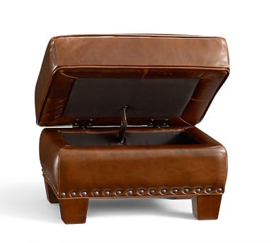 Irving Leather Storage Ottoman, Bronze Nailheads, Polyester Wrapped Cushions, Churchfield Camel - Image 1