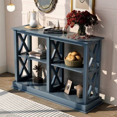46 Console Table With 3 Tiers Storage Space Wooden Side Sofa Table TV Stand X Frame Retro Hallway Entryway Table For Home Office Navy Blue" - Image 0