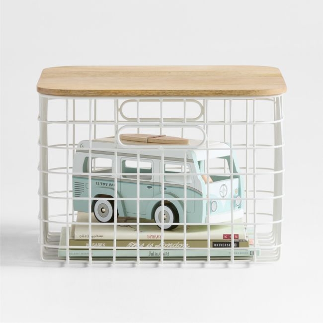 Outline White Medium Wire Metal Floor Storage Bin with Wood Lid - Image 0