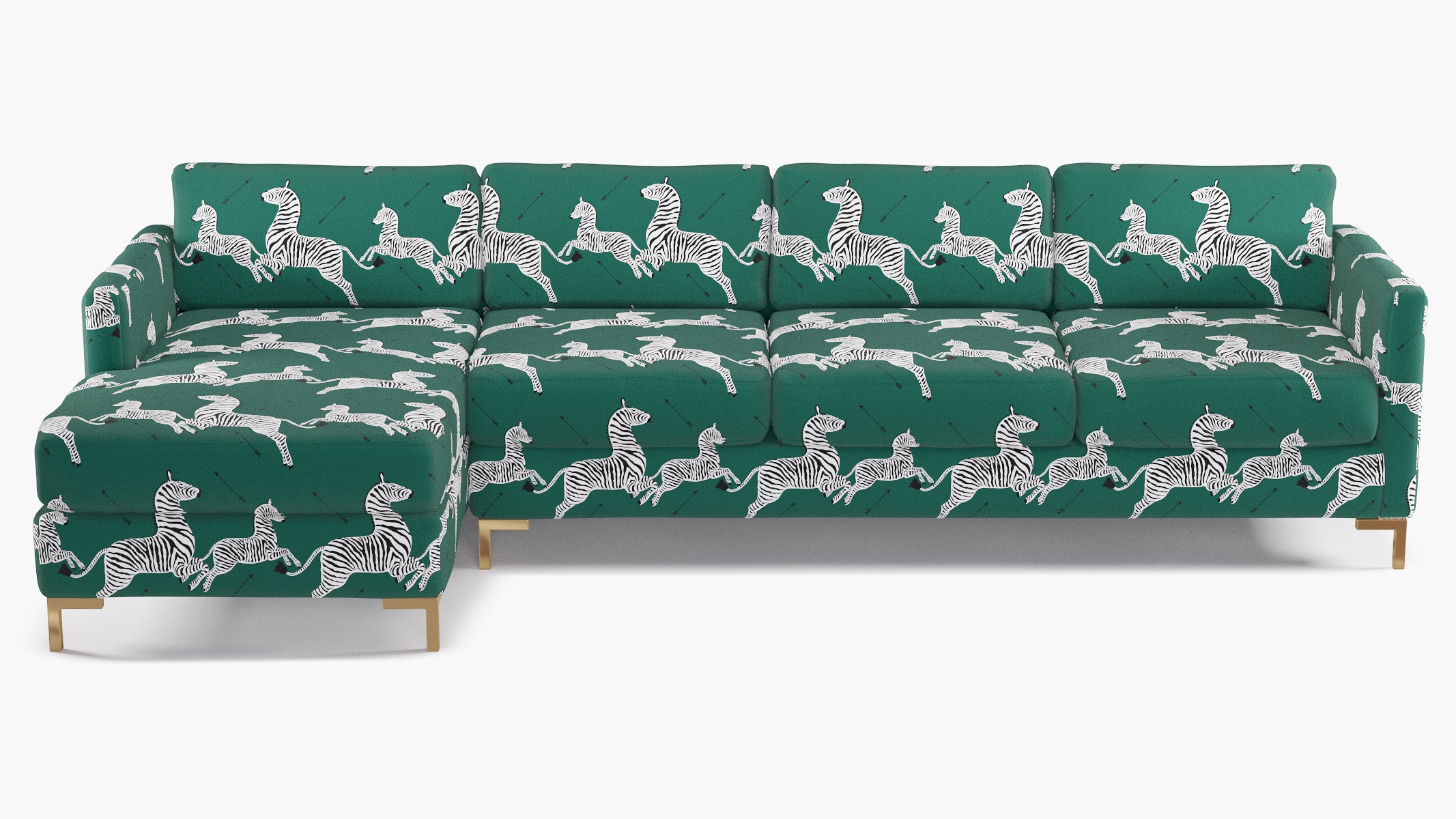 Modern Sectional, Left Facing, Emerald Zebra, Brass L Leg - Image 0