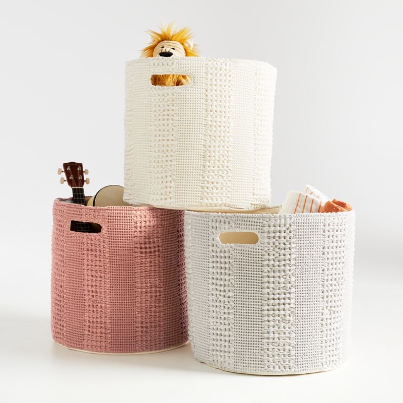 Nella Cream Cotton Waffle Weave Large Floor Bin with Handles - Image 1
