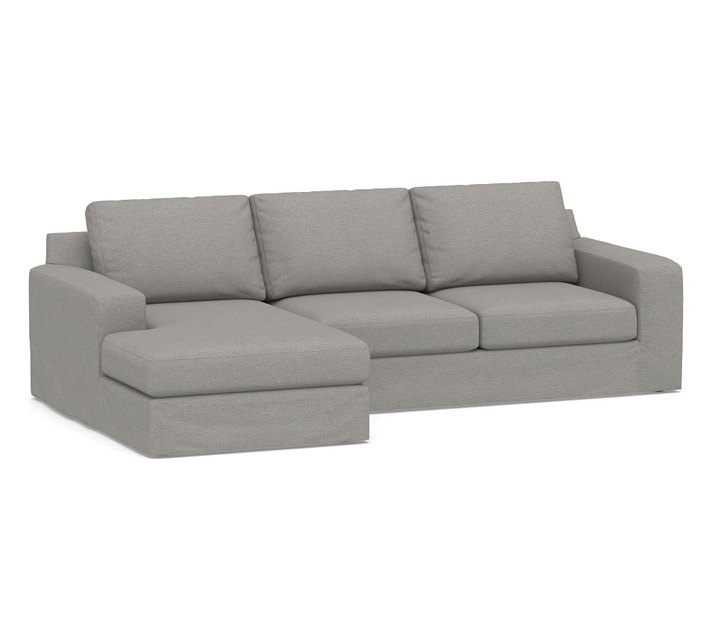 Big Sur Square Arm Slipcovered Right Arm Loveseat with Chaise Sectional, Down Blend Wrapped Cushions, Performance Heathered Basketweave Platinum - Image 0