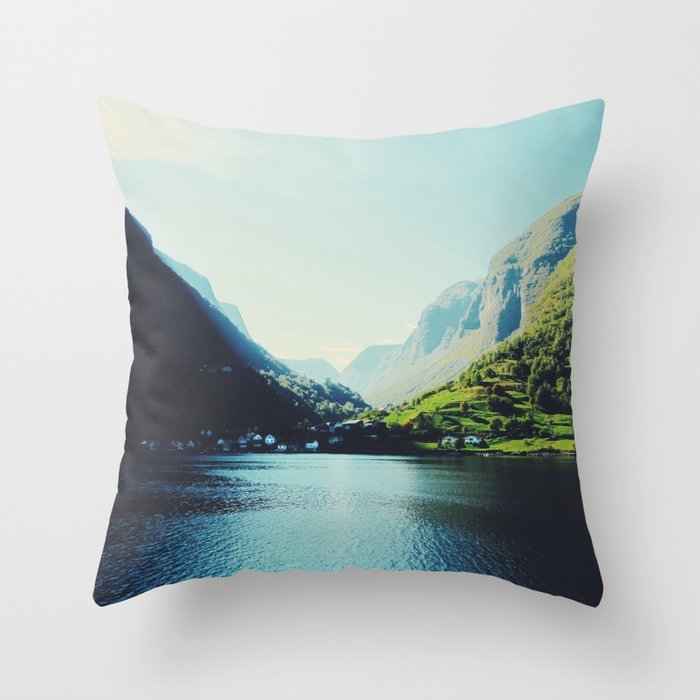 Mountain Valley - Fjord - Teal Landscape Norway Travel Photography By Ingrid Beddoes Throw Pillow by Ingrid Beddoes Photography - Cover (16" x 16") With Pillow Insert - Indoor Pillow - Image 0