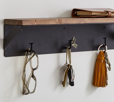 Trenton Shelf with Hooks, Bronze Metal/Rustic Wood, 18" - Image 1