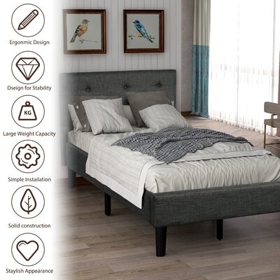 Upholstered Button Tufted Platform Bed With Strong Wood Slat Support (Twin, Gray) - Image 0