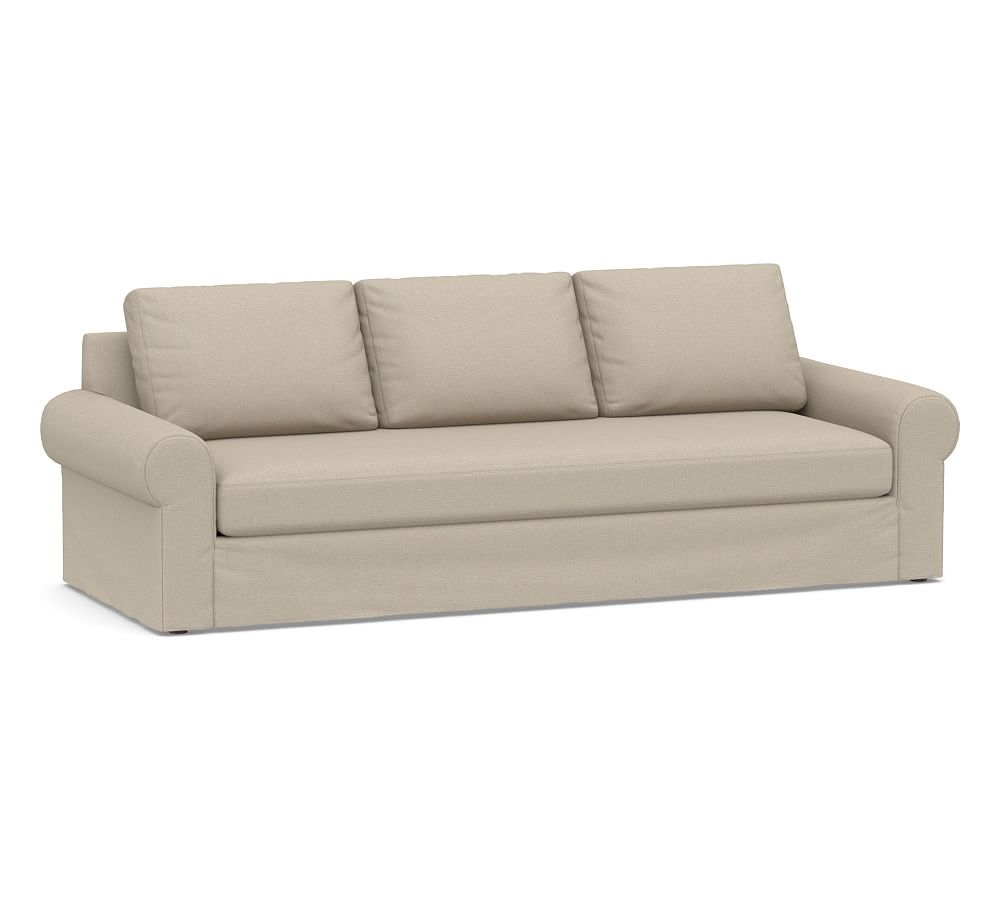 Big Sur Roll Arm Slipcovered Grand Sofa 106" with Bench Cushion, Down Blend Wrapped Cushions, Brushed Crossweave Natural - Image 0