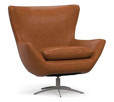 Wells Leather Tight Back Swivel Armchair with Brushed Nickel Base, Polyester Wrapped Cushions, Vintage Caramel - Image 0