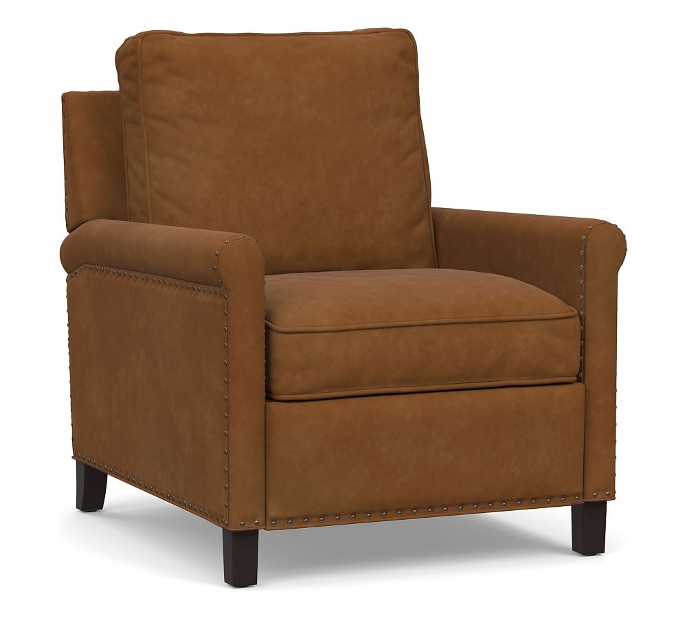 Tyler Roll Arm Leather Recliner with Oxidized Satin Brass Nailheads, Down Blend Wrapped Cushions, Nubuck Caramel - Image 0