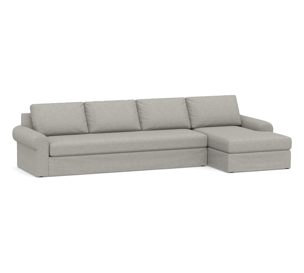 Big Sur Roll Arm Slipcovered Left Arm Grand Sofa with Chaise Sectional and Bench Cushion, Down Blend Wrapped Cushions, Premium Performance Basketweave Light Gray - Image 0