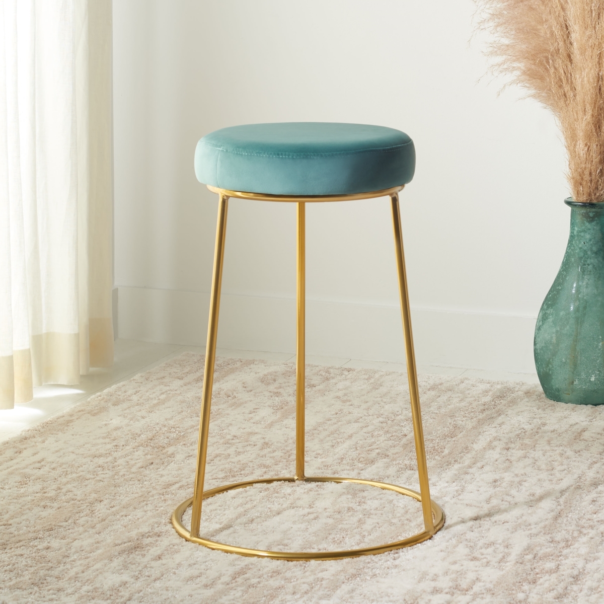 Kellie Round Counter Stool - Seafoam / Gold - Safavieh - Image 1