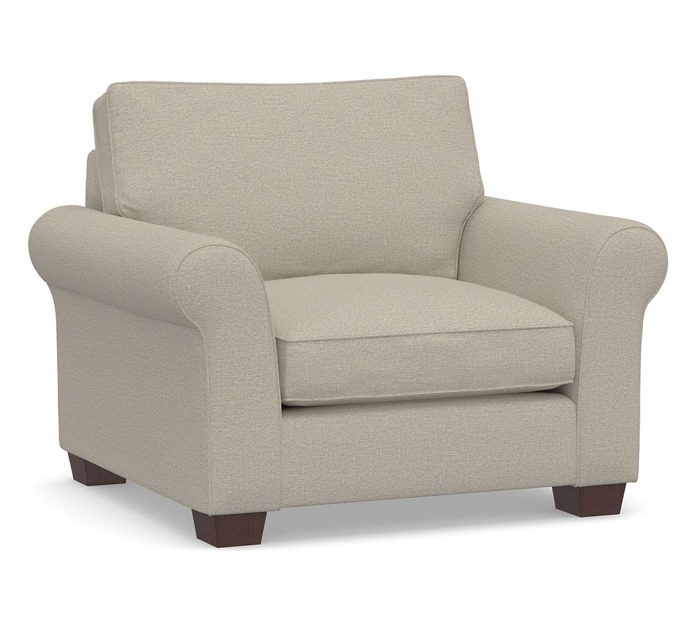 PB Comfort Roll Arm Upholstered Grand Armchair 45", Box Edge Down Blend Wrapped Cushions, Performance Boucle Fog - Image 0