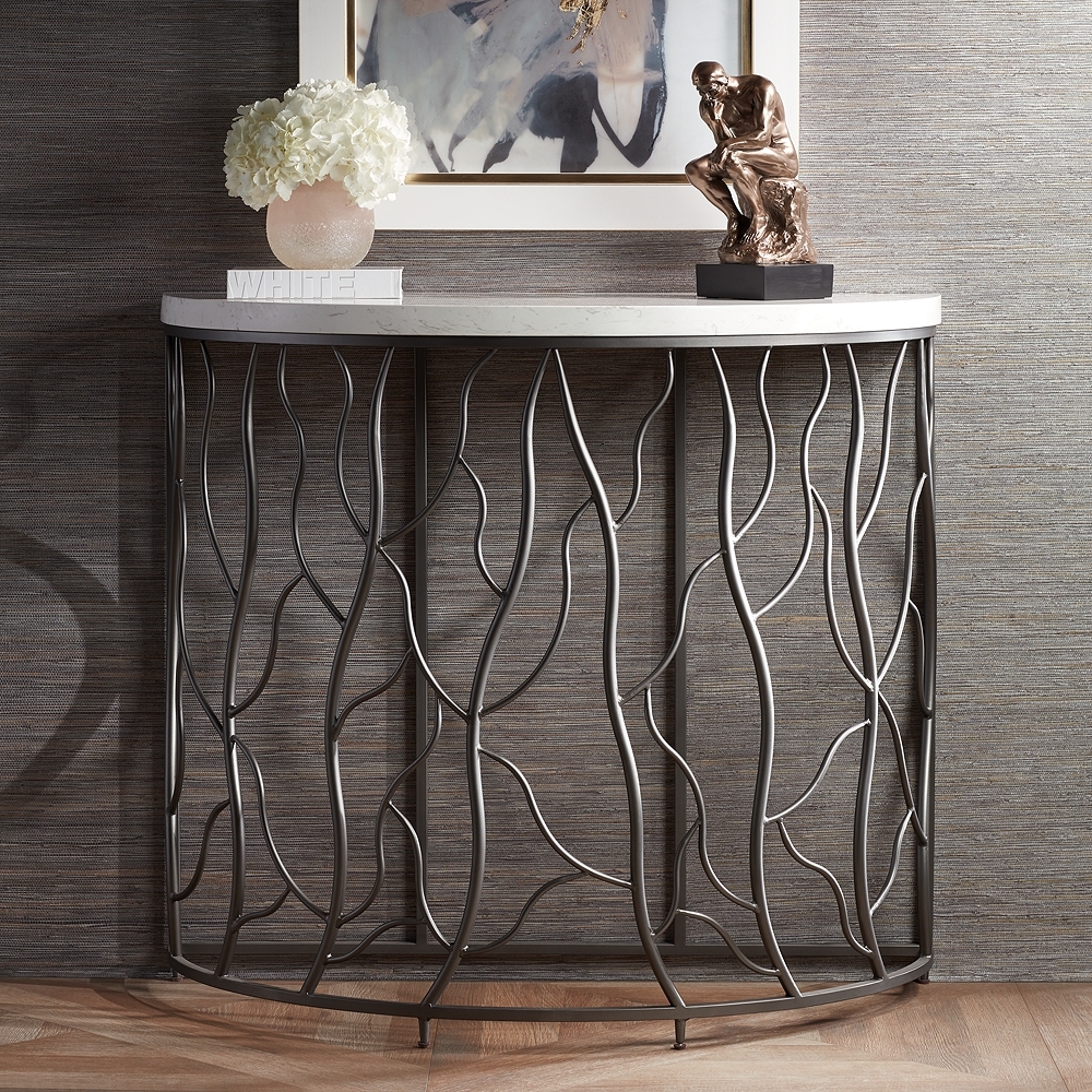 Twilight Faux Marble Top Bronze Demilune Console Table - Image 0